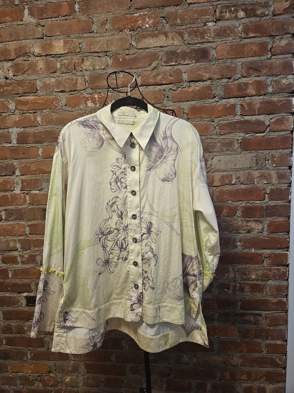 Cream Floral Button-Front Women's Blouse with Purple & Green Accents 100% Cotton